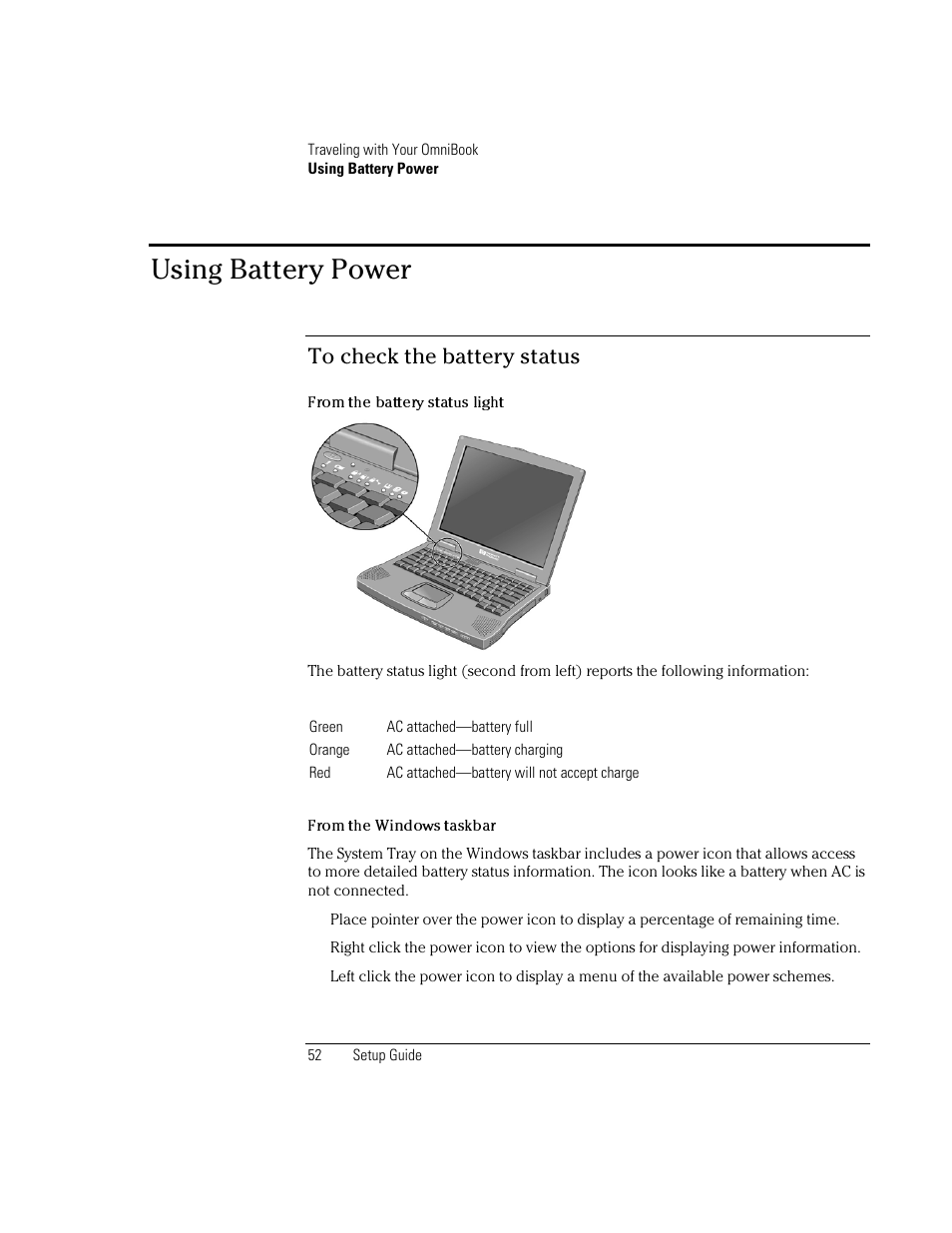 Using battery power | HP OmniBook XE2-DB Notebook PC User Manual | Page 52 / 78