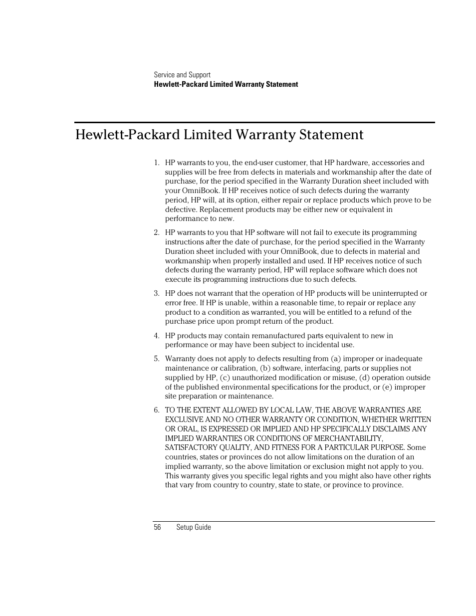 Hewlett-packard limited warranty statement | HP OmniBook XE2-DB Notebook PC User Manual | Page 56 / 78