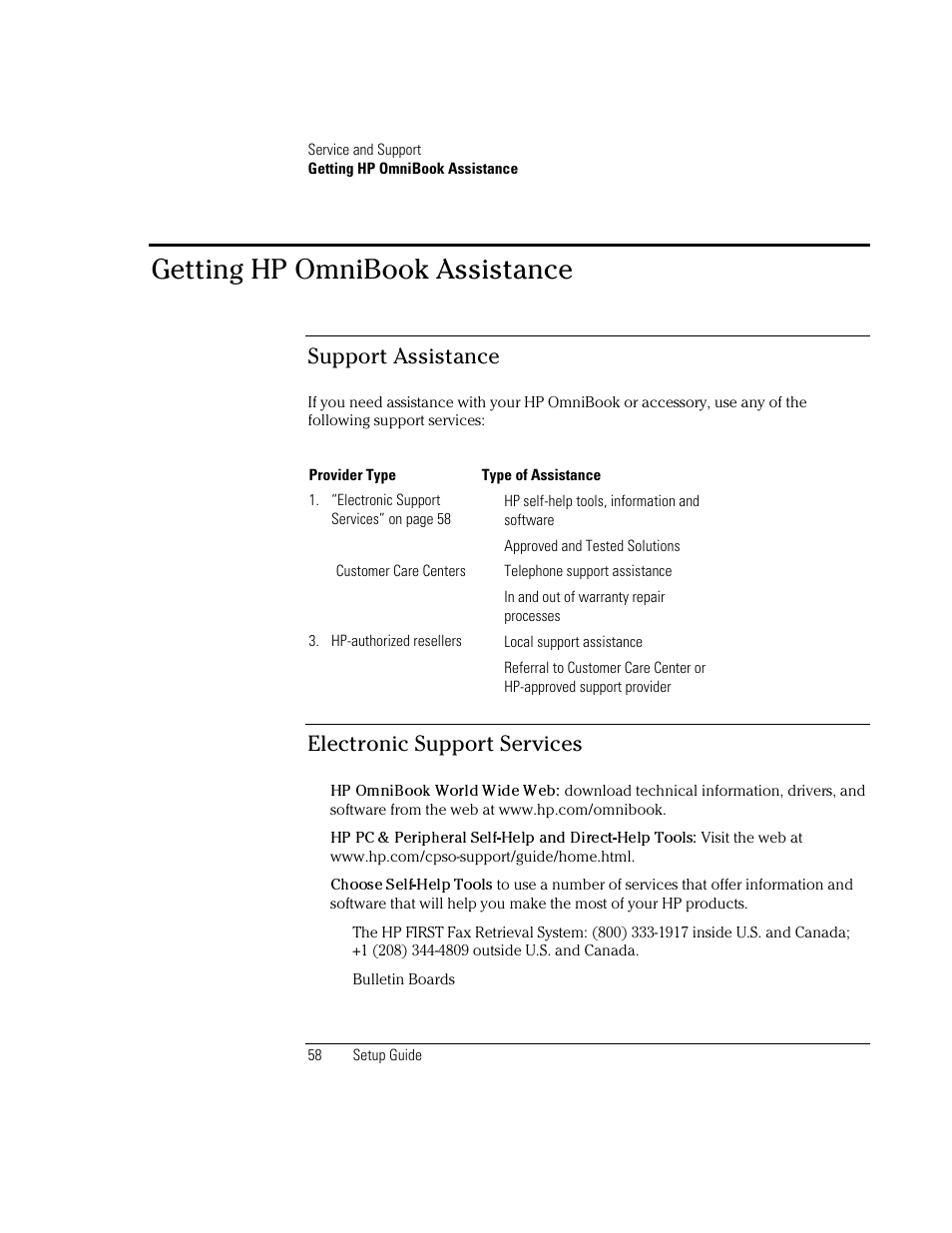 Getting hp omnibook assistance, Support assistance, Electronic support services | HP OmniBook XE2-DB Notebook PC User Manual | Page 58 / 78