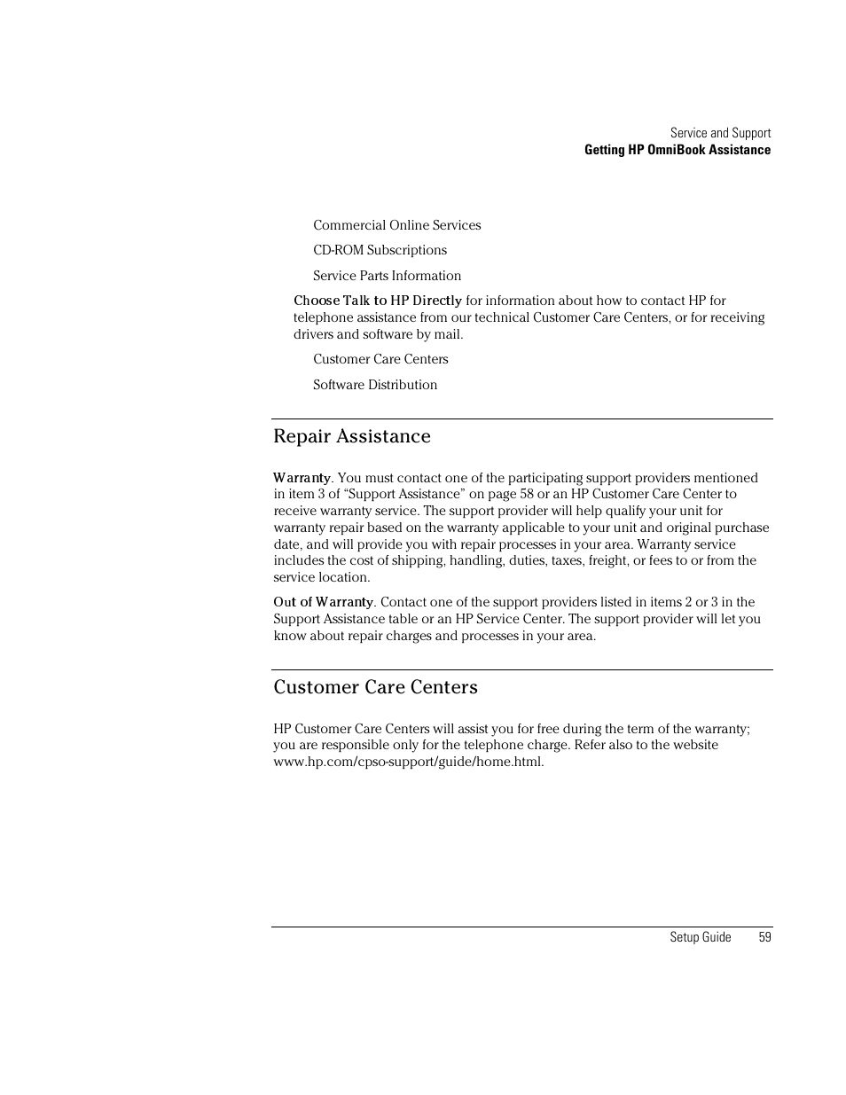 Repair assistance, Customer care centers | HP OmniBook XE2-DB Notebook PC User Manual | Page 59 / 78