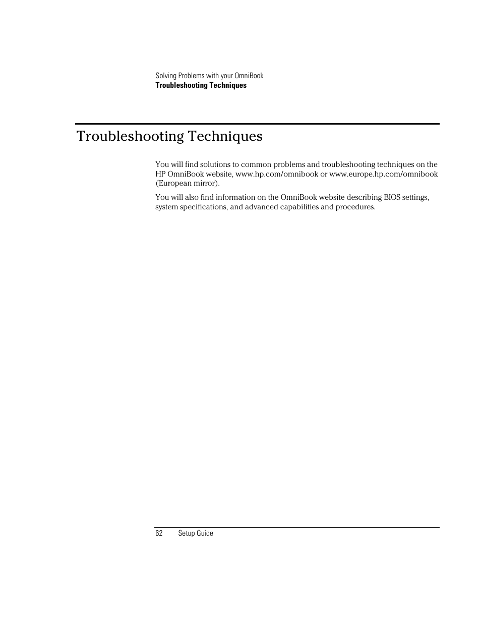 Troubleshooting techniques | HP OmniBook XE2-DB Notebook PC User Manual | Page 62 / 78