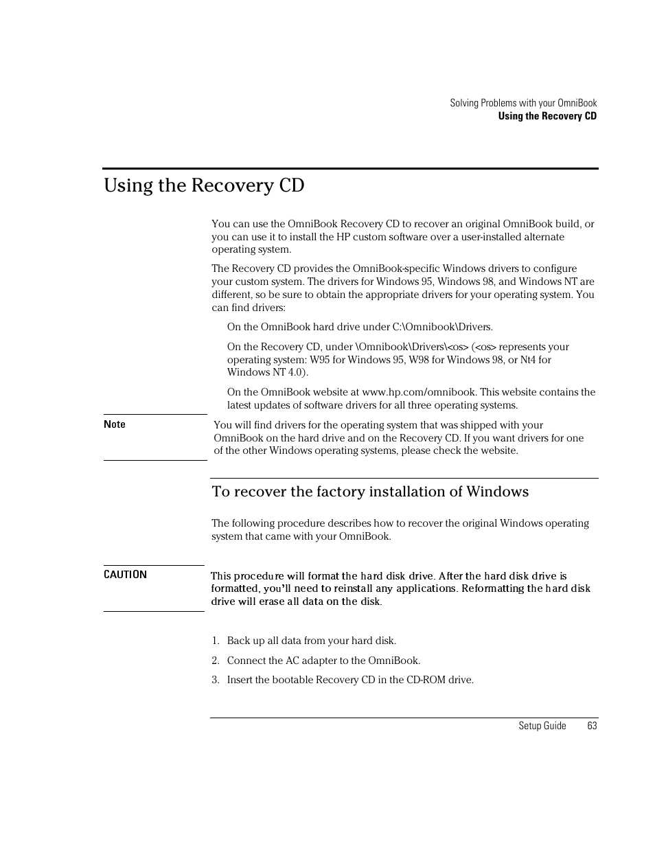 Using the recovery cd | HP OmniBook XE2-DB Notebook PC User Manual | Page 63 / 78