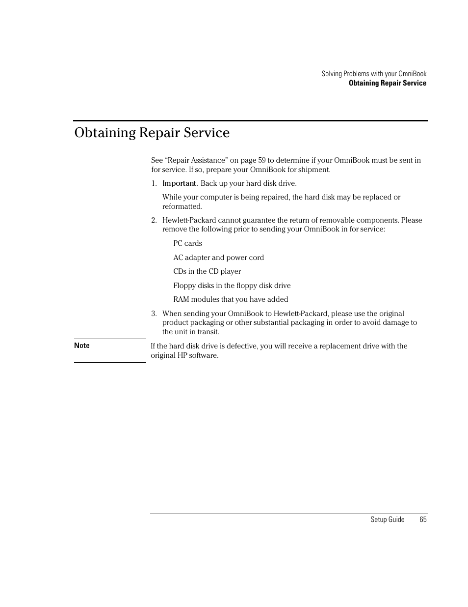 Obtaining repair service | HP OmniBook XE2-DB Notebook PC User Manual | Page 65 / 78