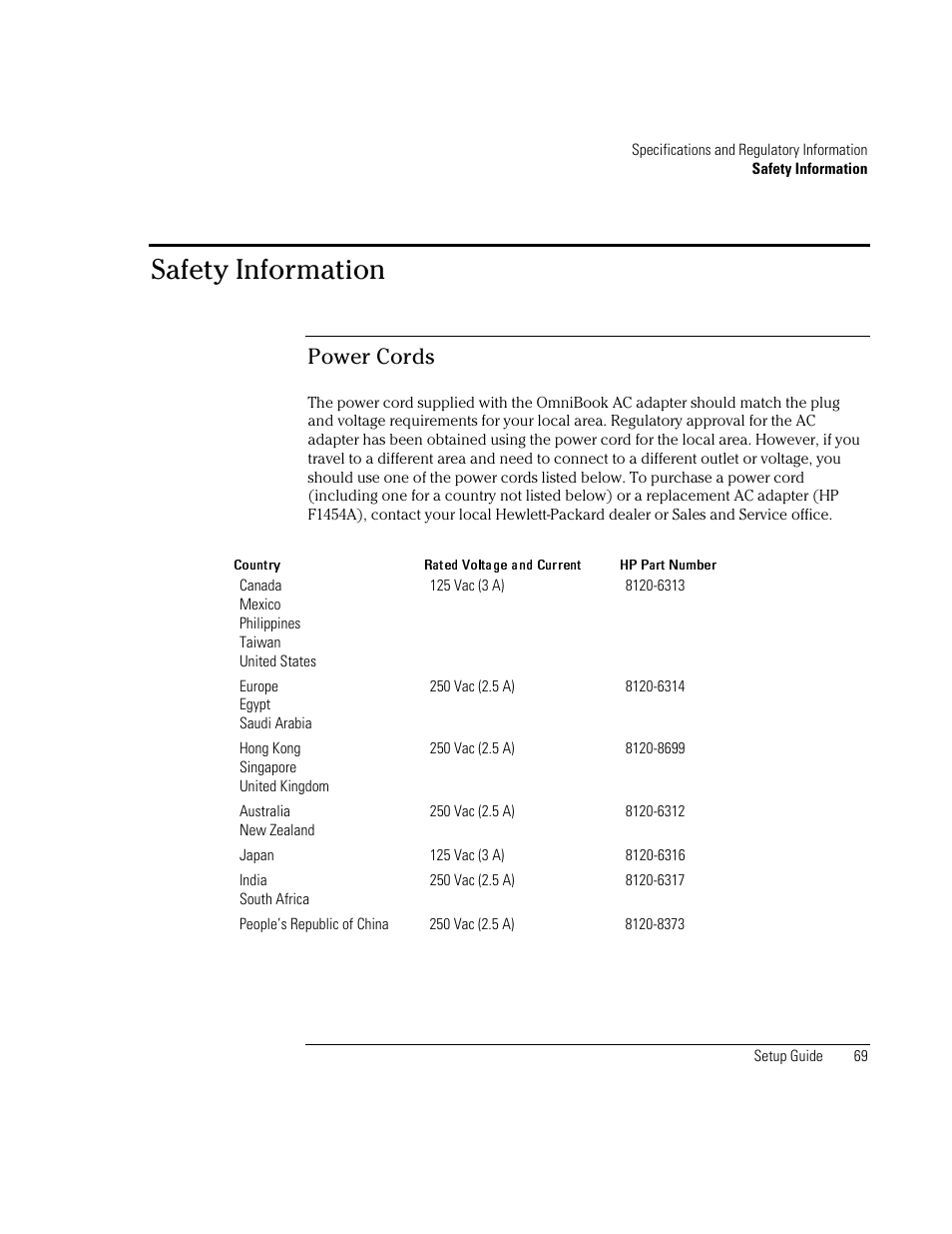 Safety information, Power cords | HP OmniBook XE2-DB Notebook PC User Manual | Page 69 / 78