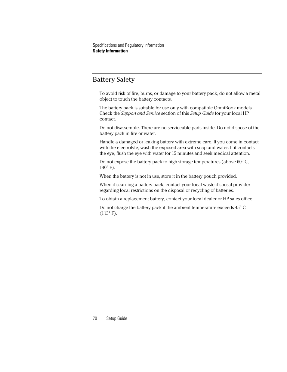 Battery safety | HP OmniBook XE2-DB Notebook PC User Manual | Page 70 / 78