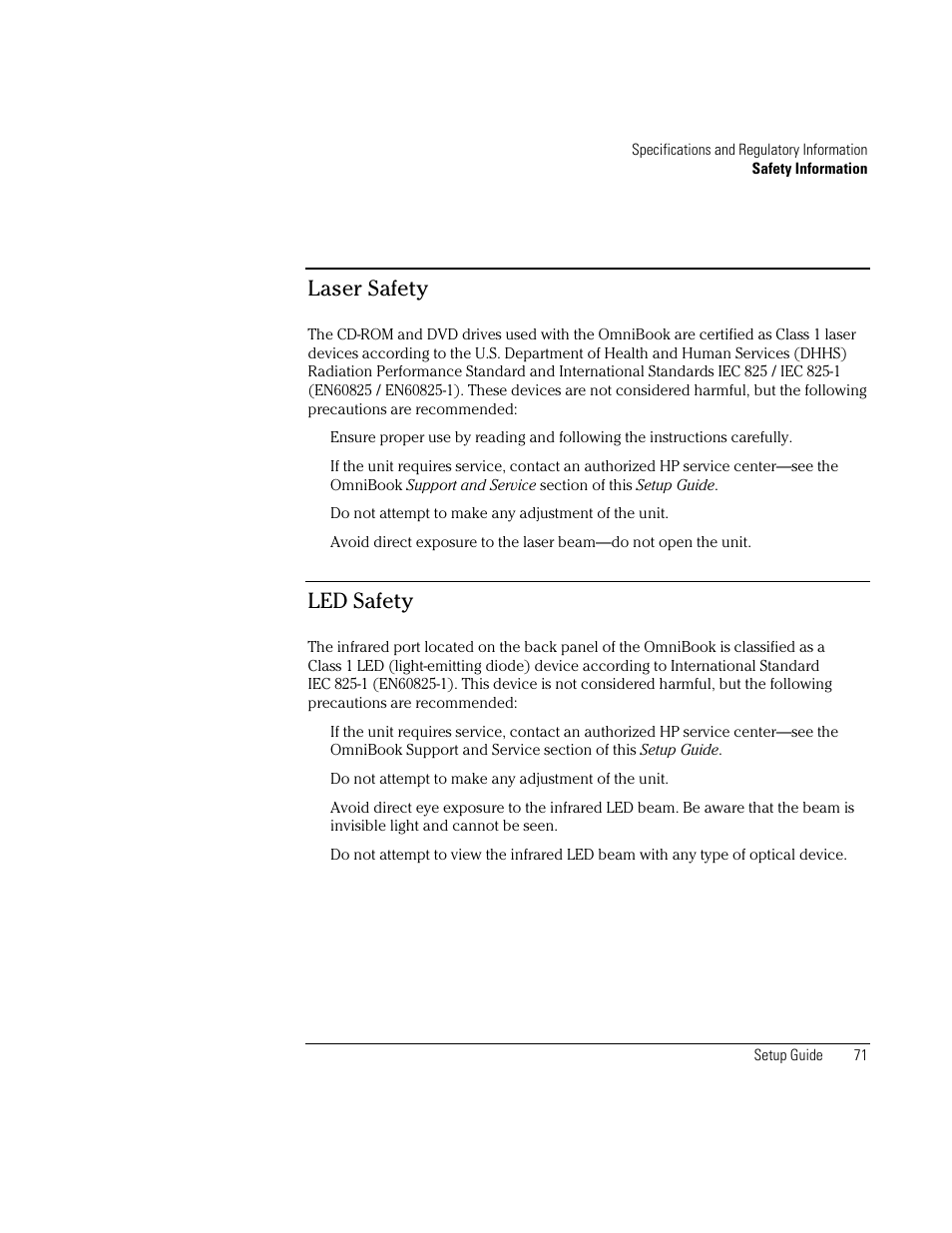 Laser safety, Led safety | HP OmniBook XE2-DB Notebook PC User Manual | Page 71 / 78