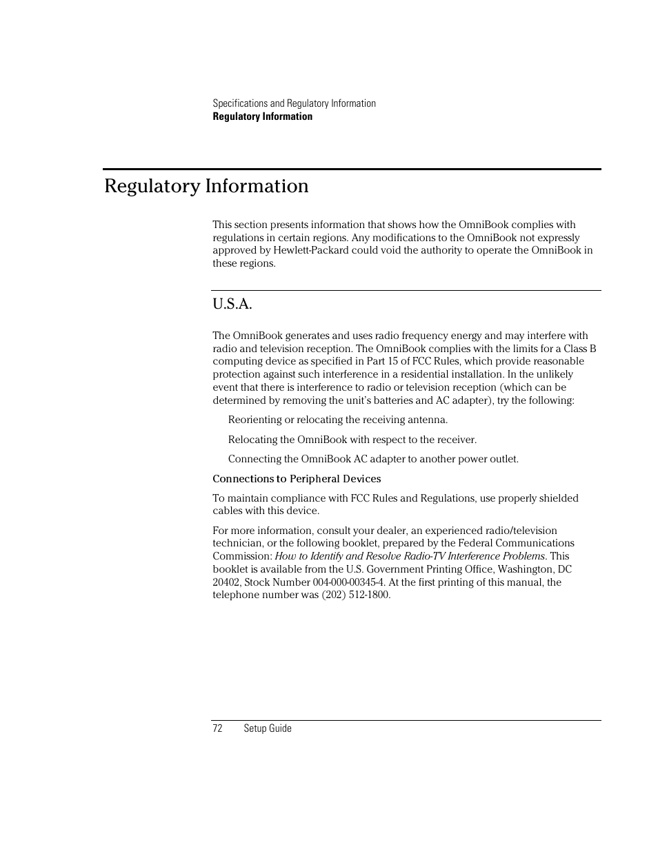 Regulatory information, U.s.a | HP OmniBook XE2-DB Notebook PC User Manual | Page 72 / 78