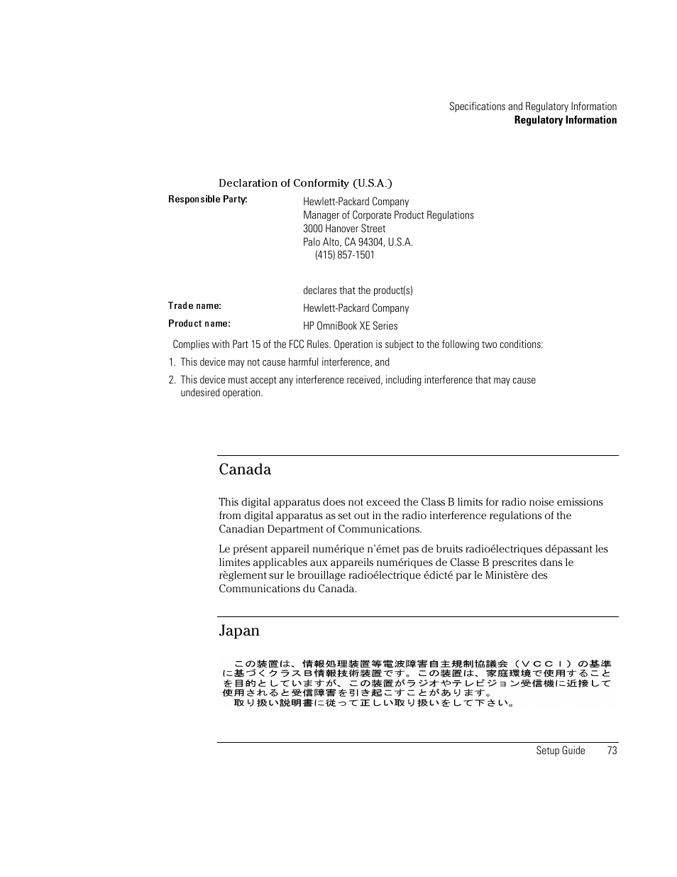 Canada, Japan | HP OmniBook XE2-DB Notebook PC User Manual | Page 73 / 78