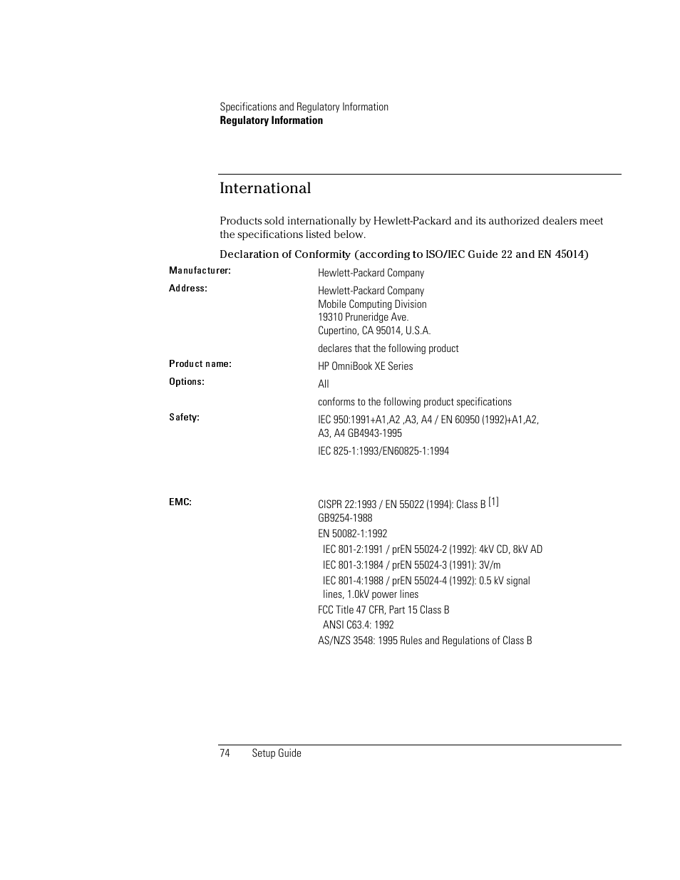 International | HP OmniBook XE2-DB Notebook PC User Manual | Page 74 / 78