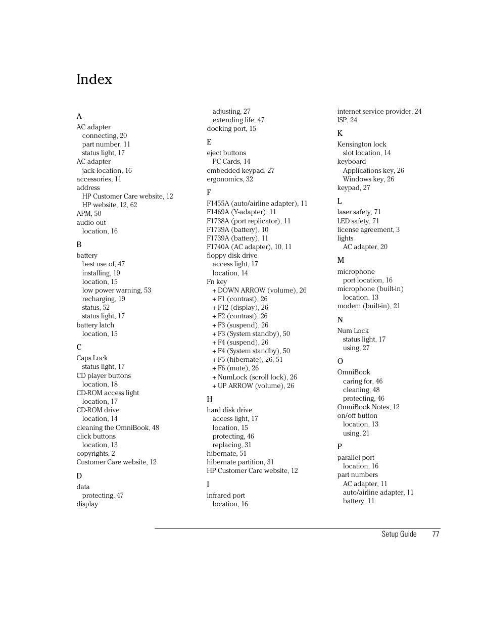 Index | HP OmniBook XE2-DB Notebook PC User Manual | Page 77 / 78