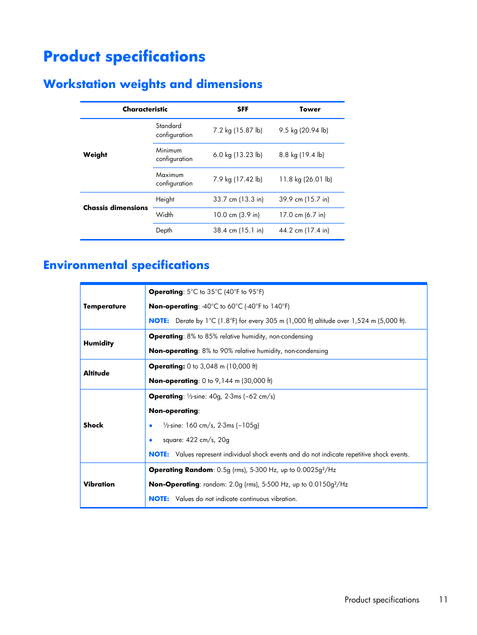 Product specifications, Workstation weights and dimensions, Environmental specifications | HP Z230 Tower-Workstation User Manual | Page 19 / 59