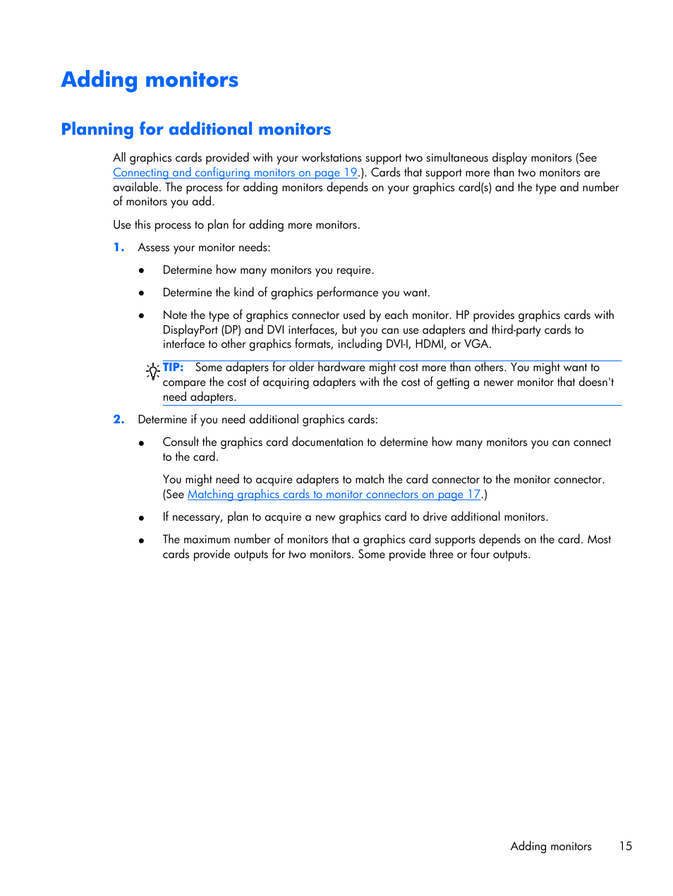 Adding monitors, Planning for additional monitors | HP Z230 Tower-Workstation User Manual | Page 23 / 59