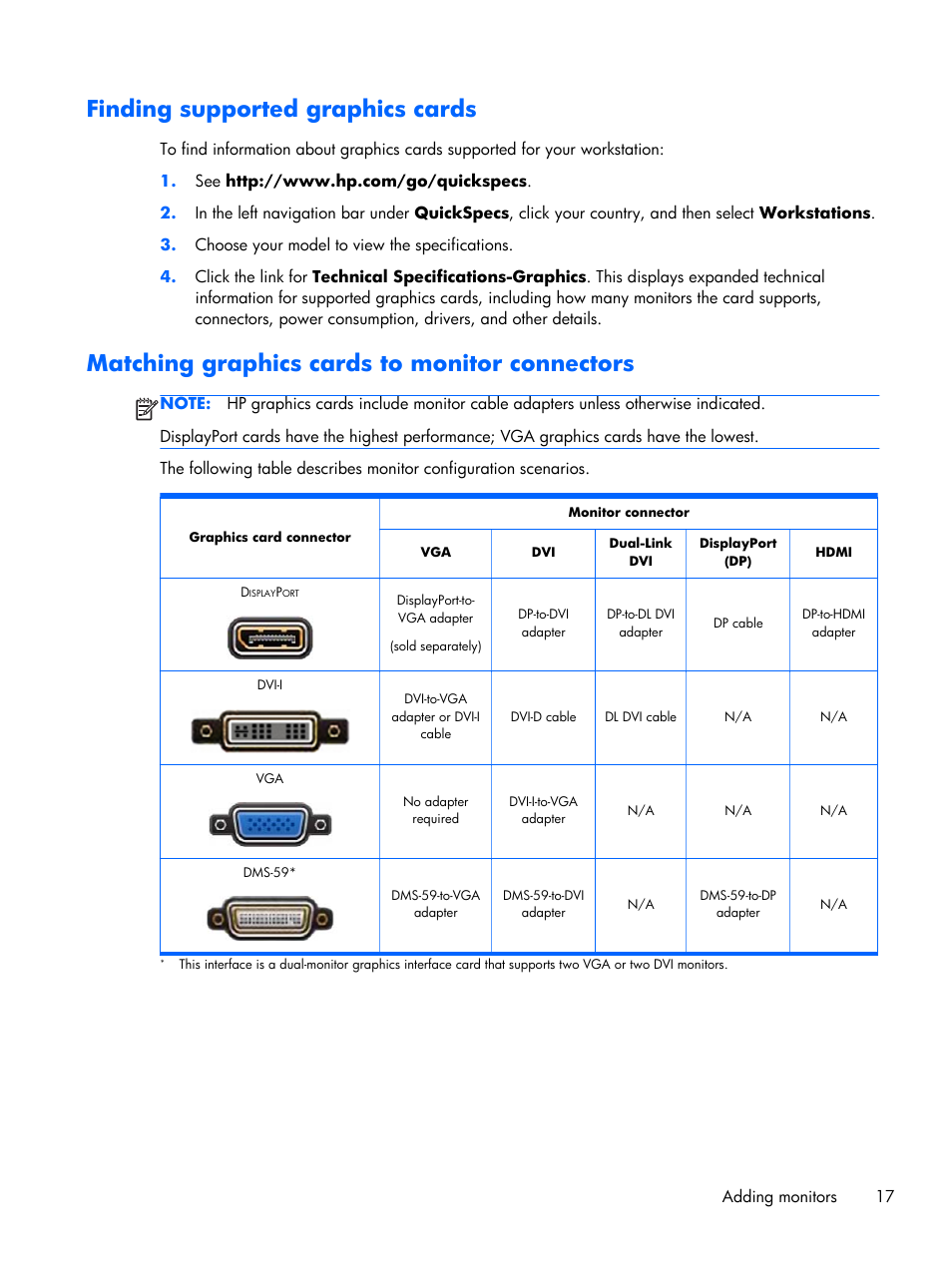 Finding supported graphics cards, Matching graphics cards to monitor connectors, Ure in | Finding | HP Z230 Tower-Workstation User Manual | Page 25 / 59