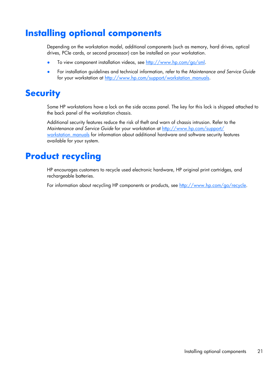 Installing optional components, Security, Product recycling | HP Z230 Tower-Workstation User Manual | Page 29 / 59