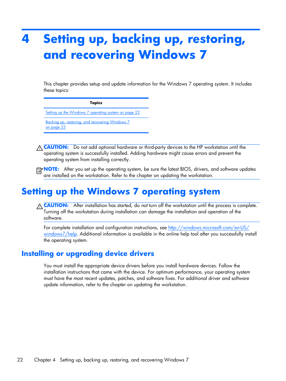 Setting up the windows 7 operating system, Installing or upgrading device drivers | HP Z230 Tower-Workstation User Manual | Page 30 / 59