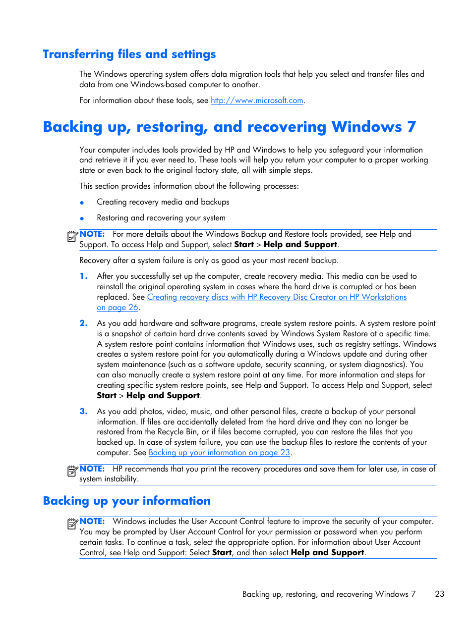 Transferring files and settings, Backing up, restoring, and recovering windows 7, Backing up your information | HP Z230 Tower-Workstation User Manual | Page 31 / 59