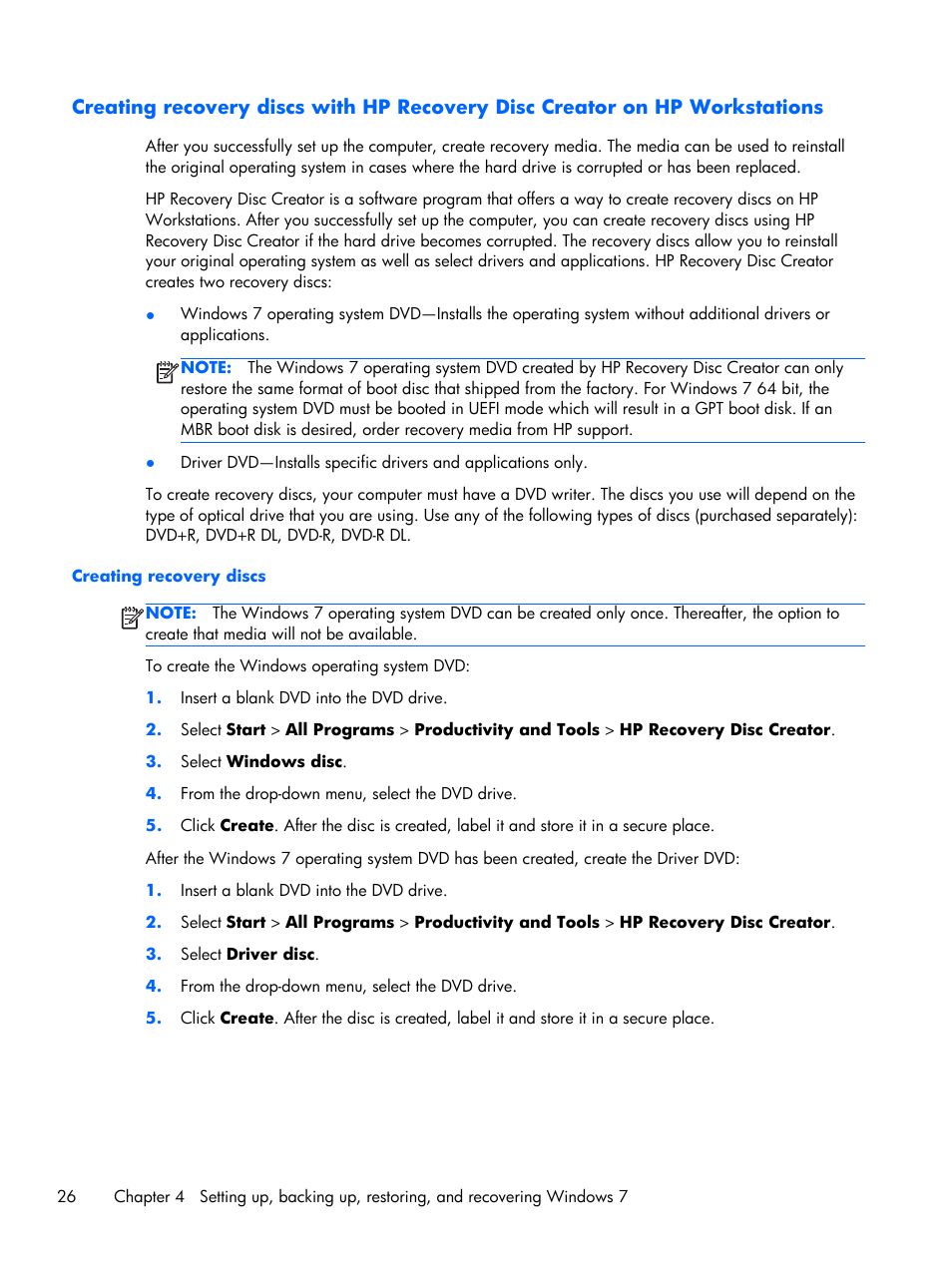 Creating recovery discs, Creating | HP Z230 Tower-Workstation User Manual | Page 34 / 59