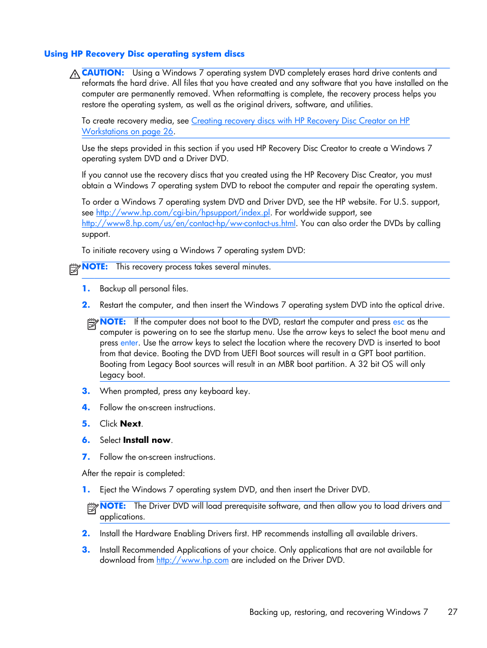 Using hp recovery disc operating system discs | HP Z230 Tower-Workstation User Manual | Page 35 / 59
