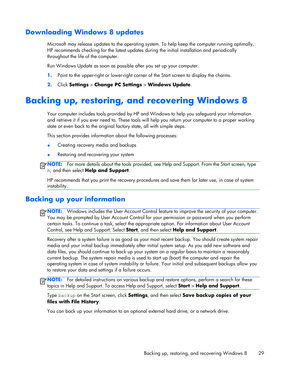 Downloading windows 8 updates, Backing up, restoring, and recovering windows 8, Backing up your information | HP Z230 Tower-Workstation User Manual | Page 37 / 59