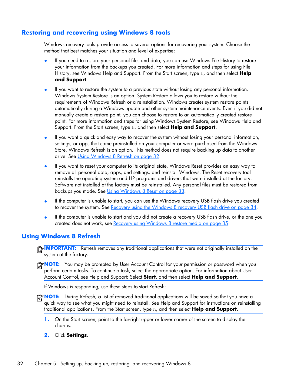 Restoring and recovering using windows 8 tools, Using windows 8 refresh | HP Z230 Tower-Workstation User Manual | Page 40 / 59