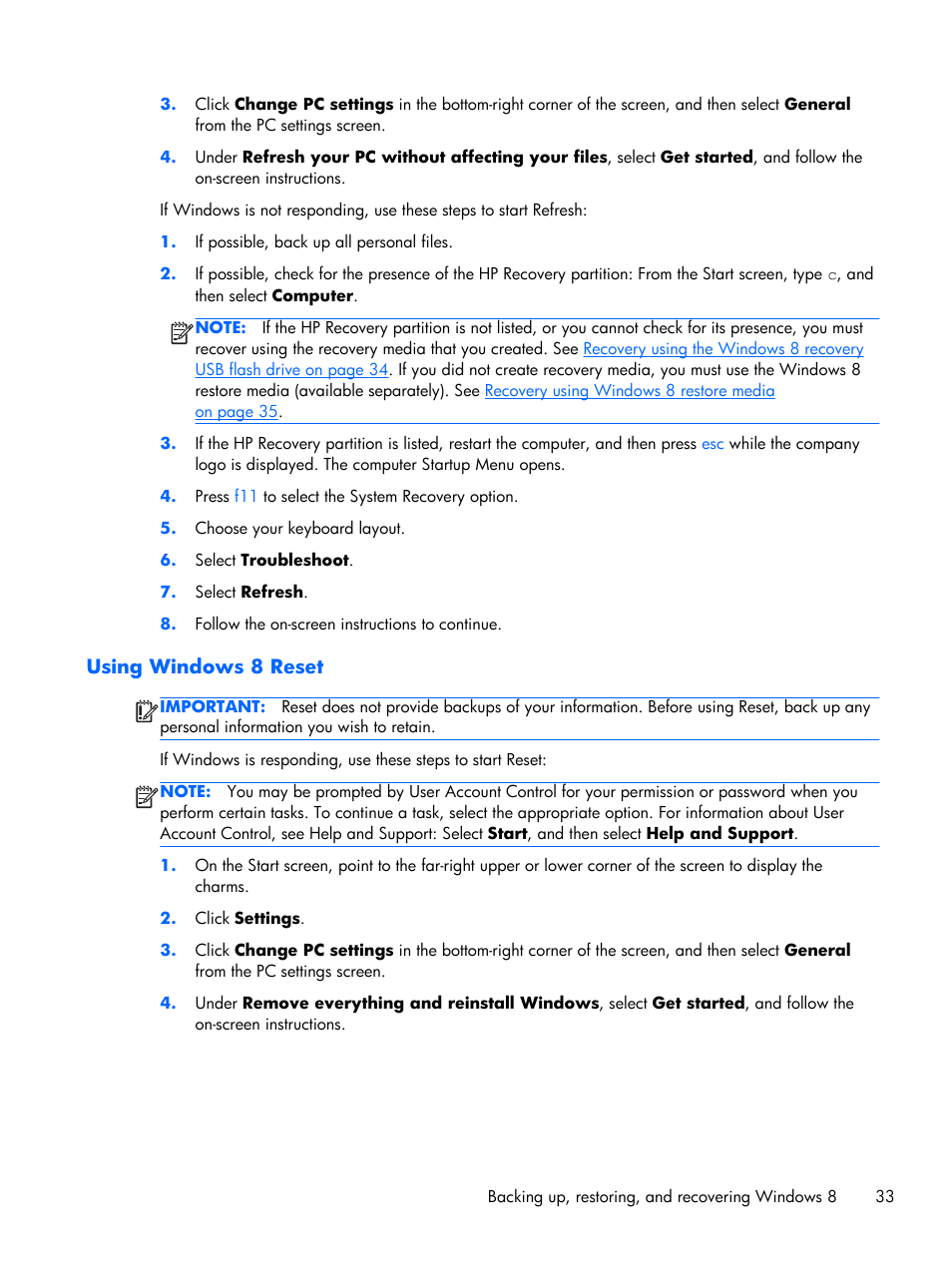 Using windows 8 reset | HP Z230 Tower-Workstation User Manual | Page 41 / 59