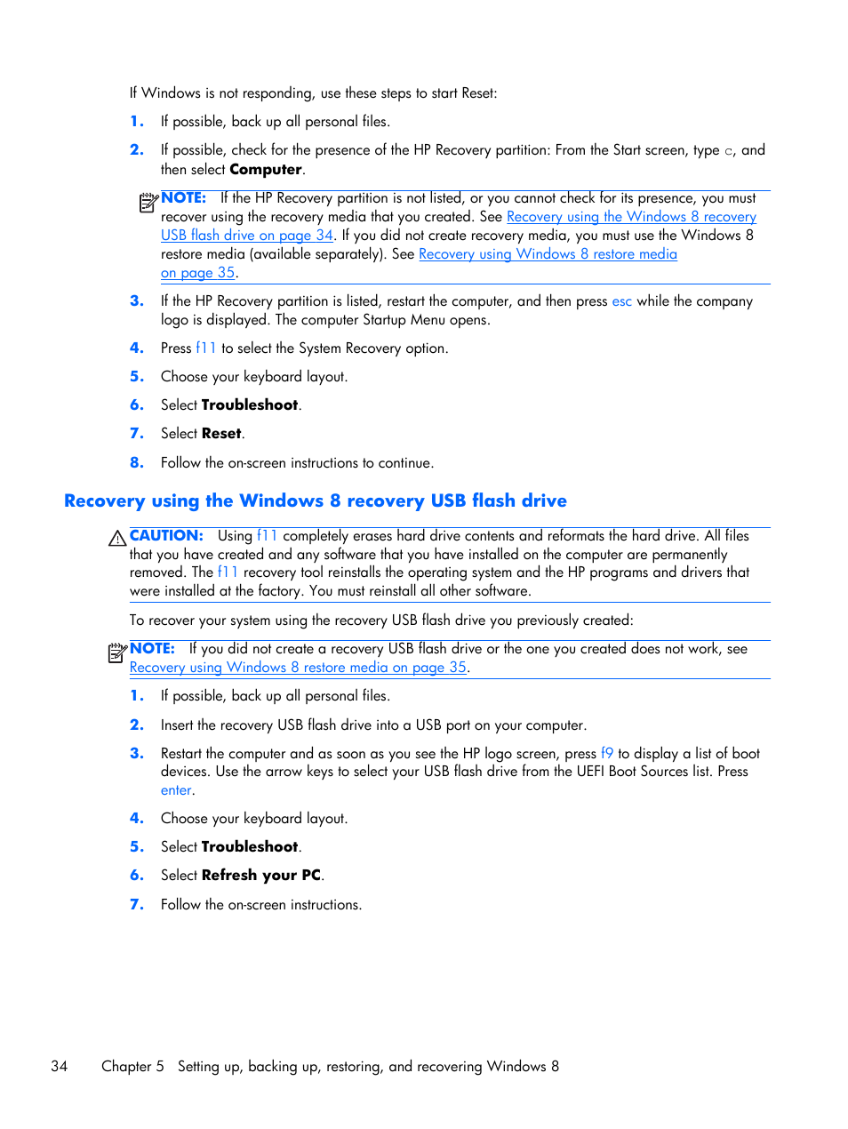 Recovery using the windows 8 recovery, If y | HP Z230 Tower-Workstation User Manual | Page 42 / 59