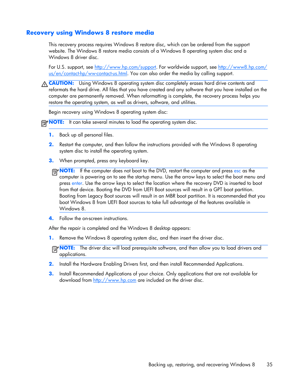 Recovery using windows 8 restore media, Does not work, see, Ely). see | HP Z230 Tower-Workstation User Manual | Page 43 / 59