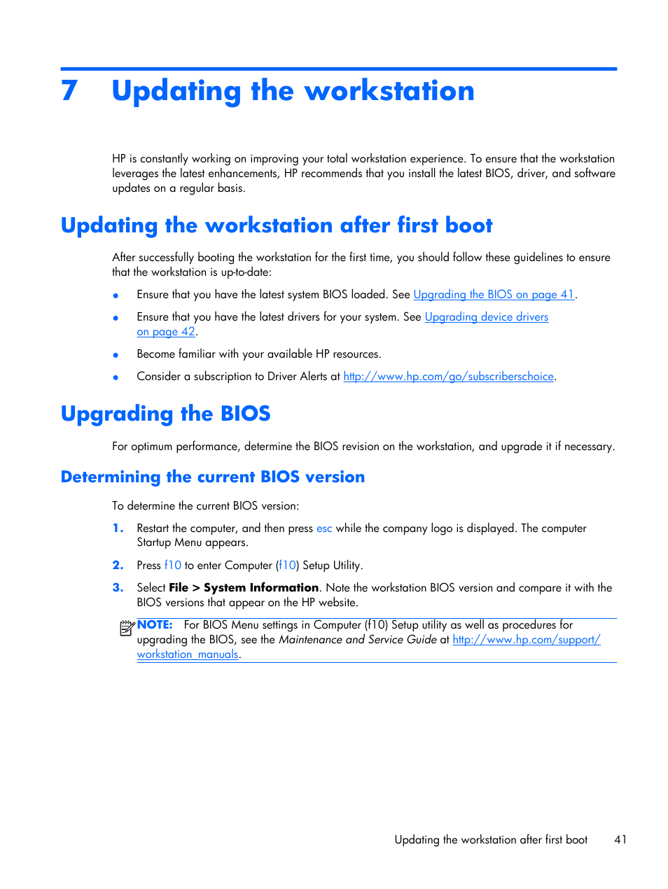 Updating the workstation, Updating the workstation after first boot, Upgrading the bios | Determining the current bios version, 7 updating the workstation | HP Z230 Tower-Workstation User Manual | Page 49 / 59