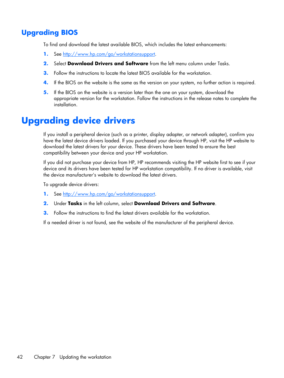 Upgrading bios, Upgrading device drivers | HP Z230 Tower-Workstation User Manual | Page 50 / 59
