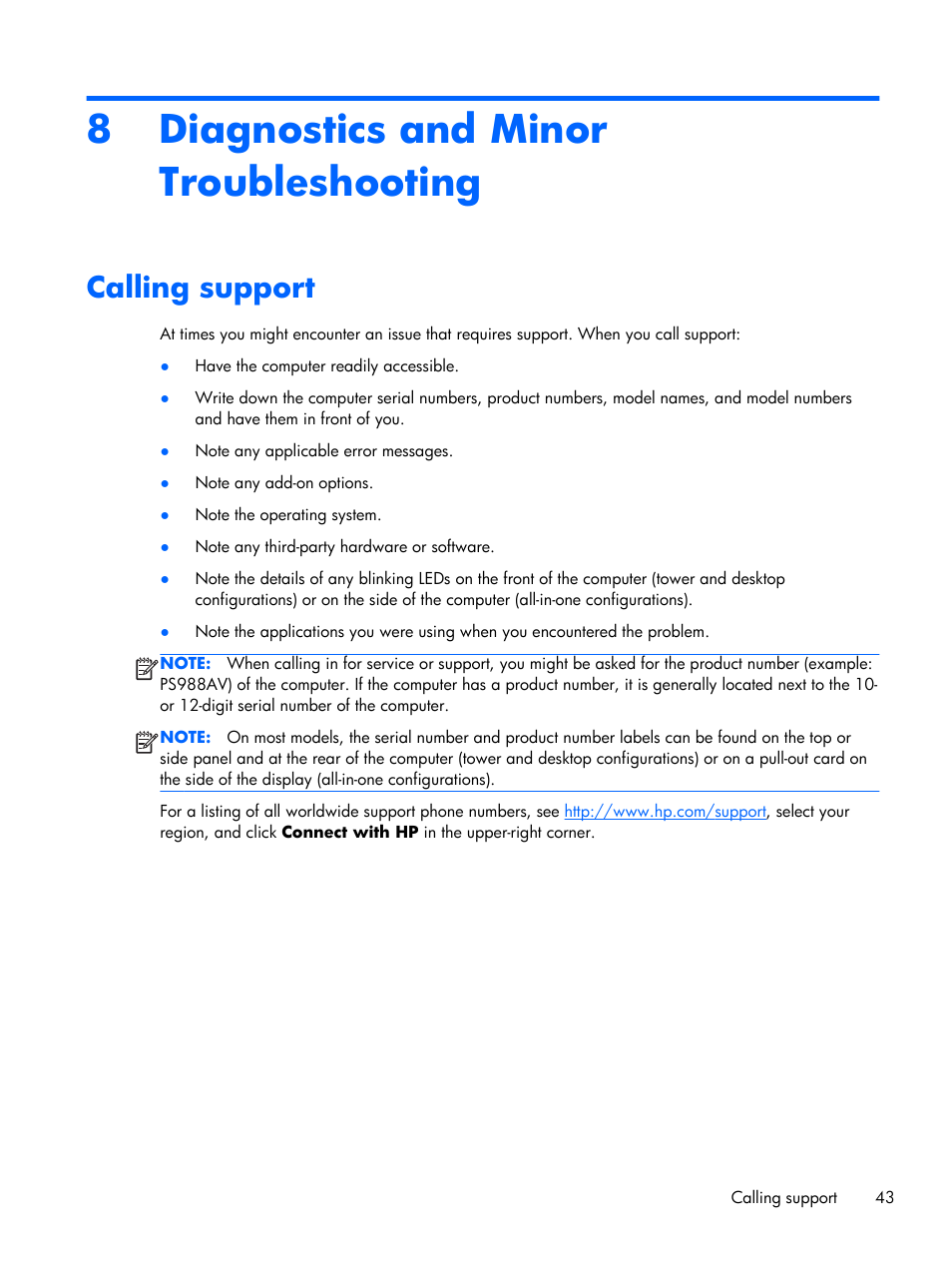 Diagnostics and minor troubleshooting, Calling support, 8 diagnostics and minor troubleshooting | HP Z230 Tower-Workstation User Manual | Page 51 / 59