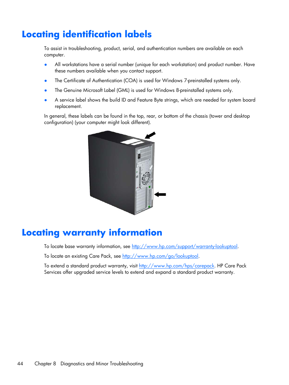 Locating identification labels, Locating warranty information | HP Z230 Tower-Workstation User Manual | Page 52 / 59