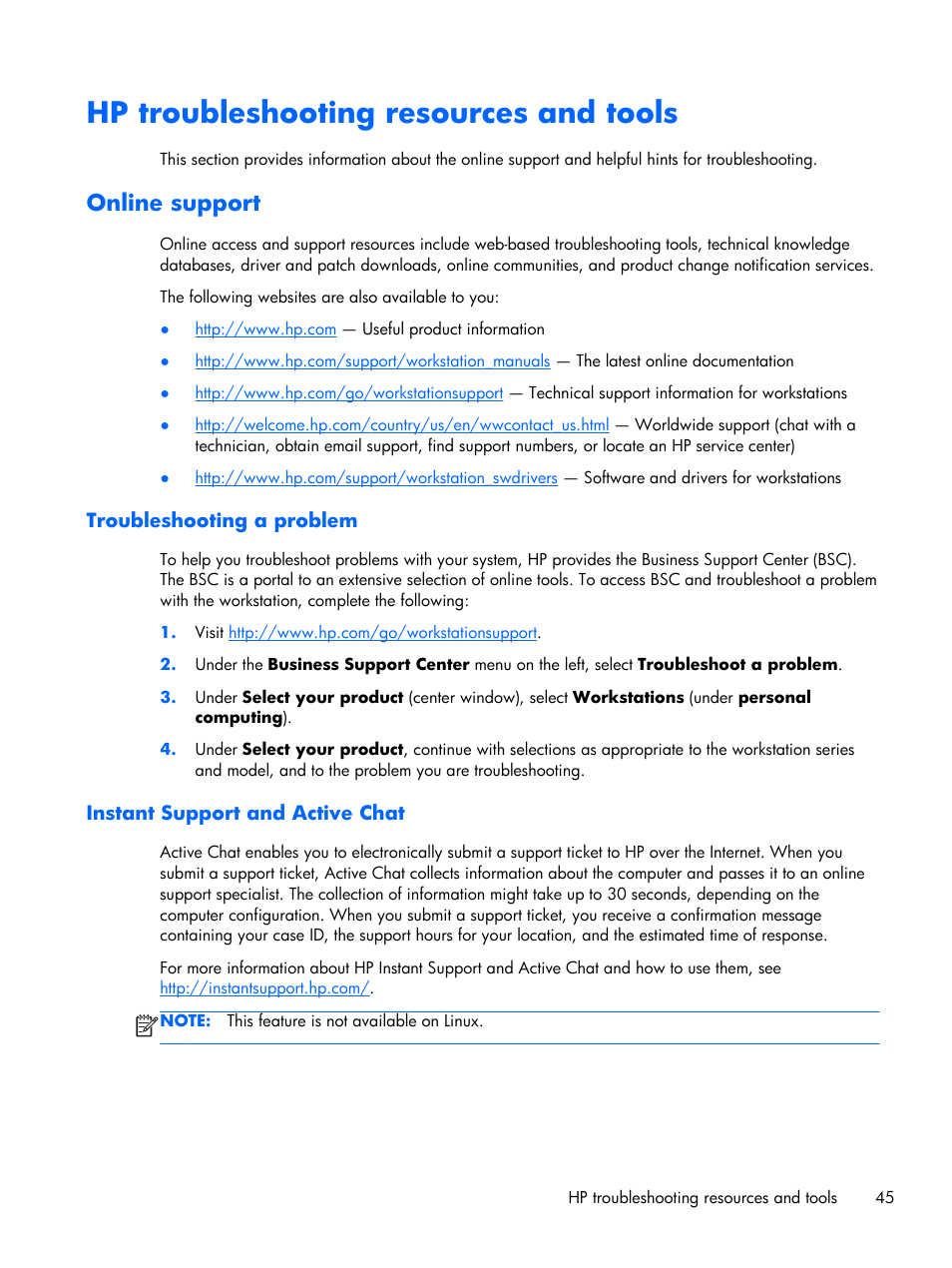 Hp troubleshooting resources and tools, Online support, Troubleshooting a problem | Instant support and active chat | HP Z230 Tower-Workstation User Manual | Page 53 / 59