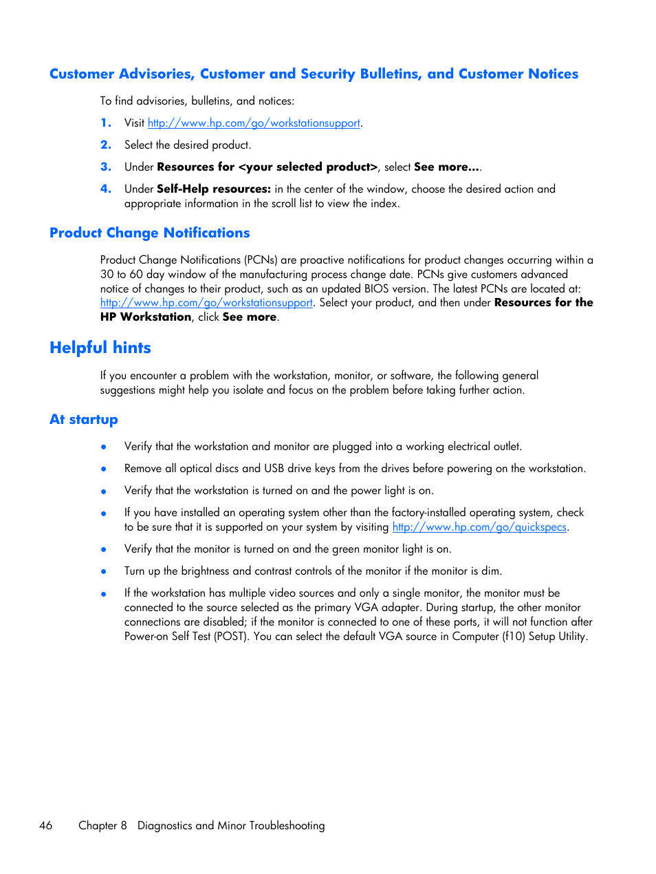 Product change notifications, Helpful hints, At startup | HP Z230 Tower-Workstation User Manual | Page 54 / 59