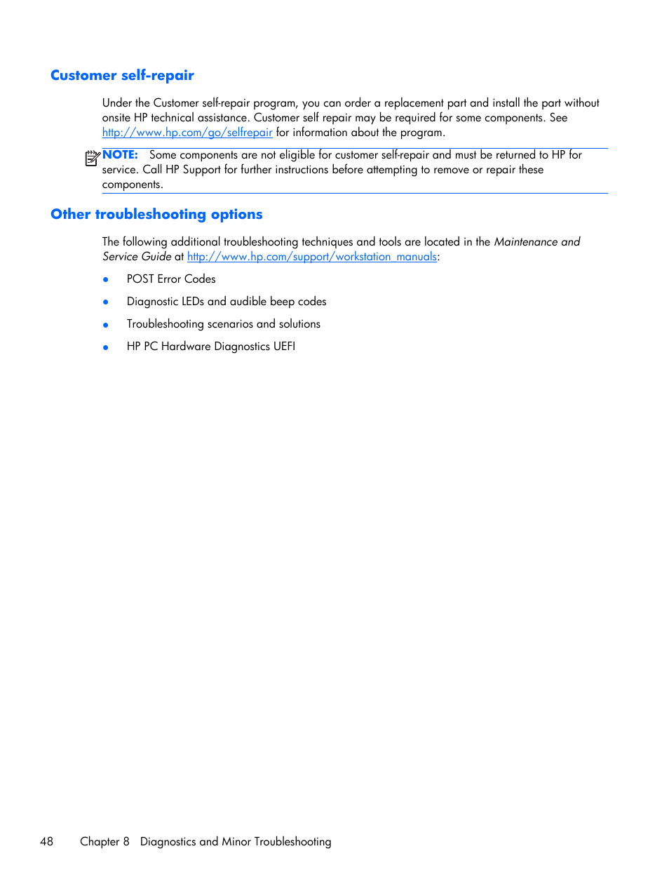 Customer self-repair, Other troubleshooting options, Customer self-repair other troubleshooting options | HP Z230 Tower-Workstation User Manual | Page 56 / 59