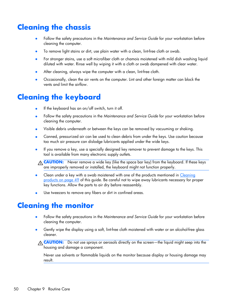 Cleaning the chassis, Cleaning the keyboard, Cleaning the monitor | HP Z230 Tower-Workstation User Manual | Page 58 / 59