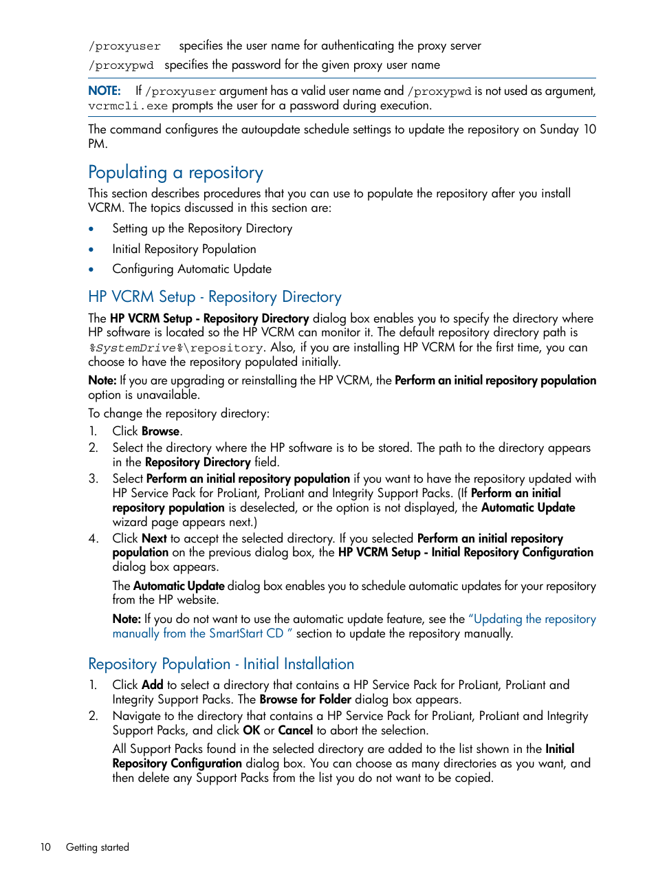 Populating a repository, Hp vcrm setup - repository directory, Repository population - initial installation | HP Systems Insight Manager User Manual | Page 10 / 50