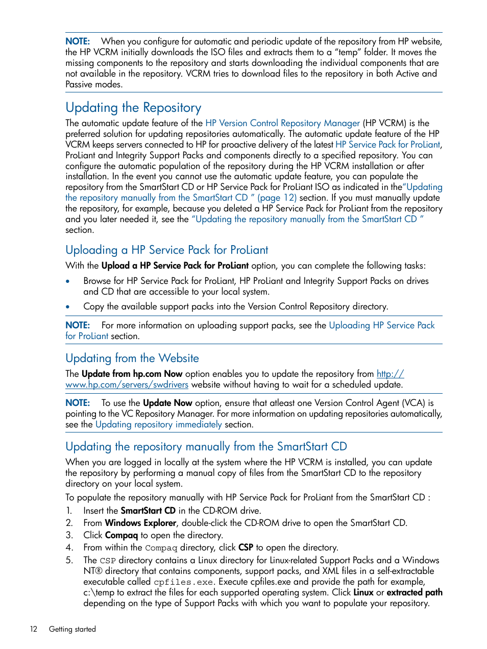 Updating the repository, Uploading a hp service pack for proliant, Updating from the website | HP Systems Insight Manager User Manual | Page 12 / 50