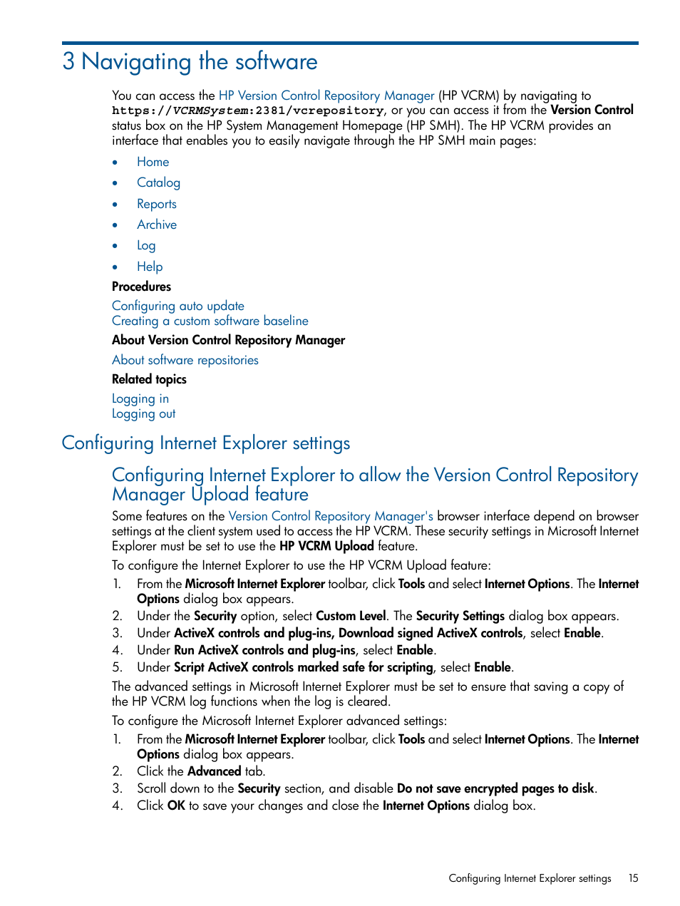 3 navigating the software, Configuring internet explorer settings | HP Systems Insight Manager User Manual | Page 15 / 50