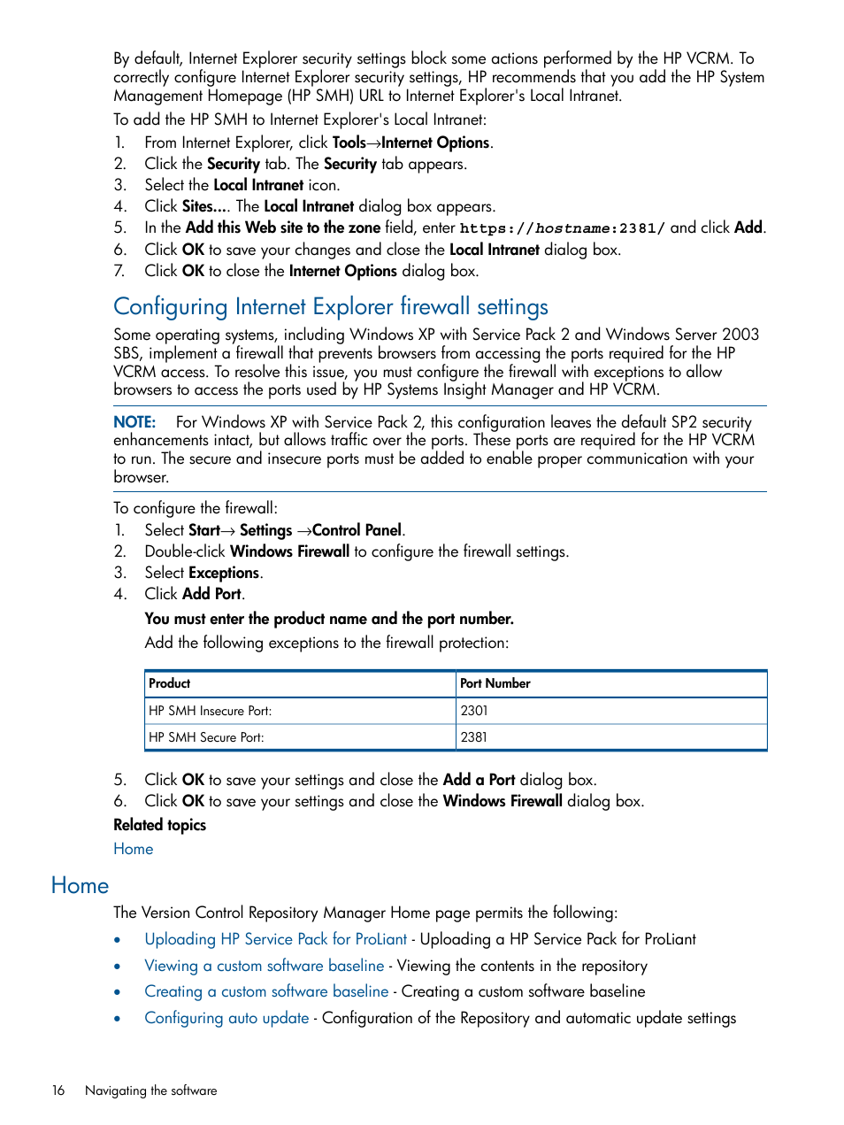 Home, Configuring internet explorer firewall settings | HP Systems Insight Manager User Manual | Page 16 / 50