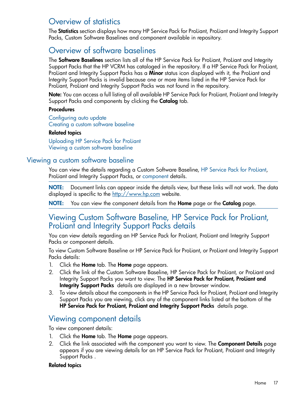 Viewing a custom software baseline, Overview of statistics, Overview of software baselines | Viewing component details | HP Systems Insight Manager User Manual | Page 17 / 50