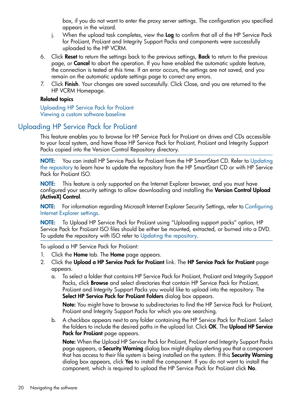 Uploading hp service pack for proliant, Uploading hp service pack, For proliant | HP Systems Insight Manager User Manual | Page 20 / 50