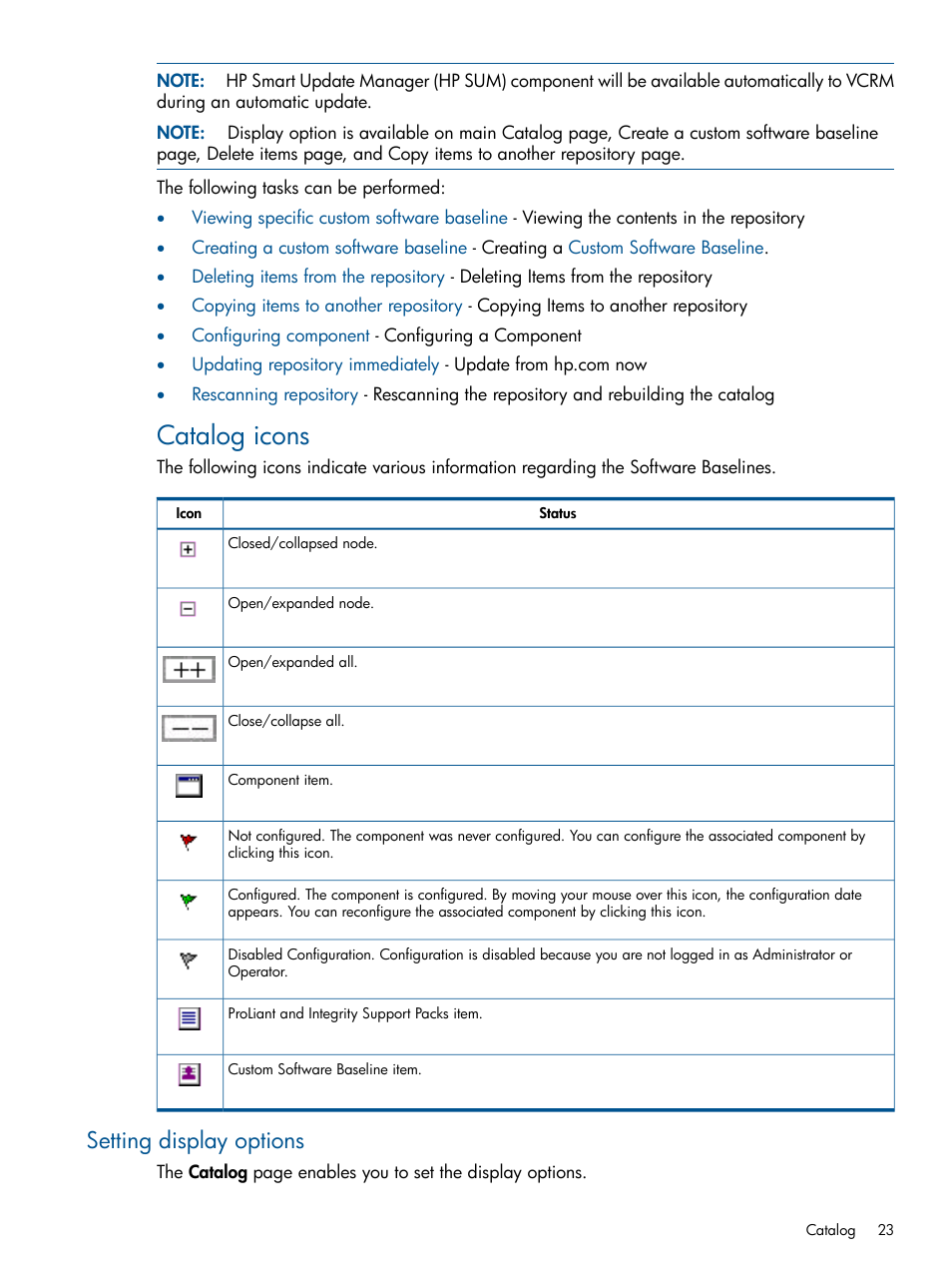 Setting display options, Catalog icons | HP Systems Insight Manager User Manual | Page 23 / 50