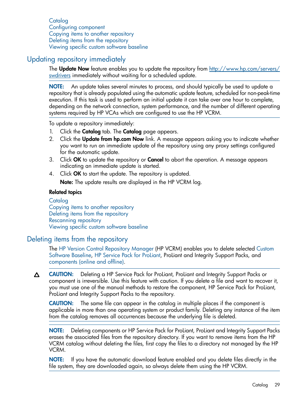 Updating repository immediately, Deleting items from the repository | HP Systems Insight Manager User Manual | Page 29 / 50