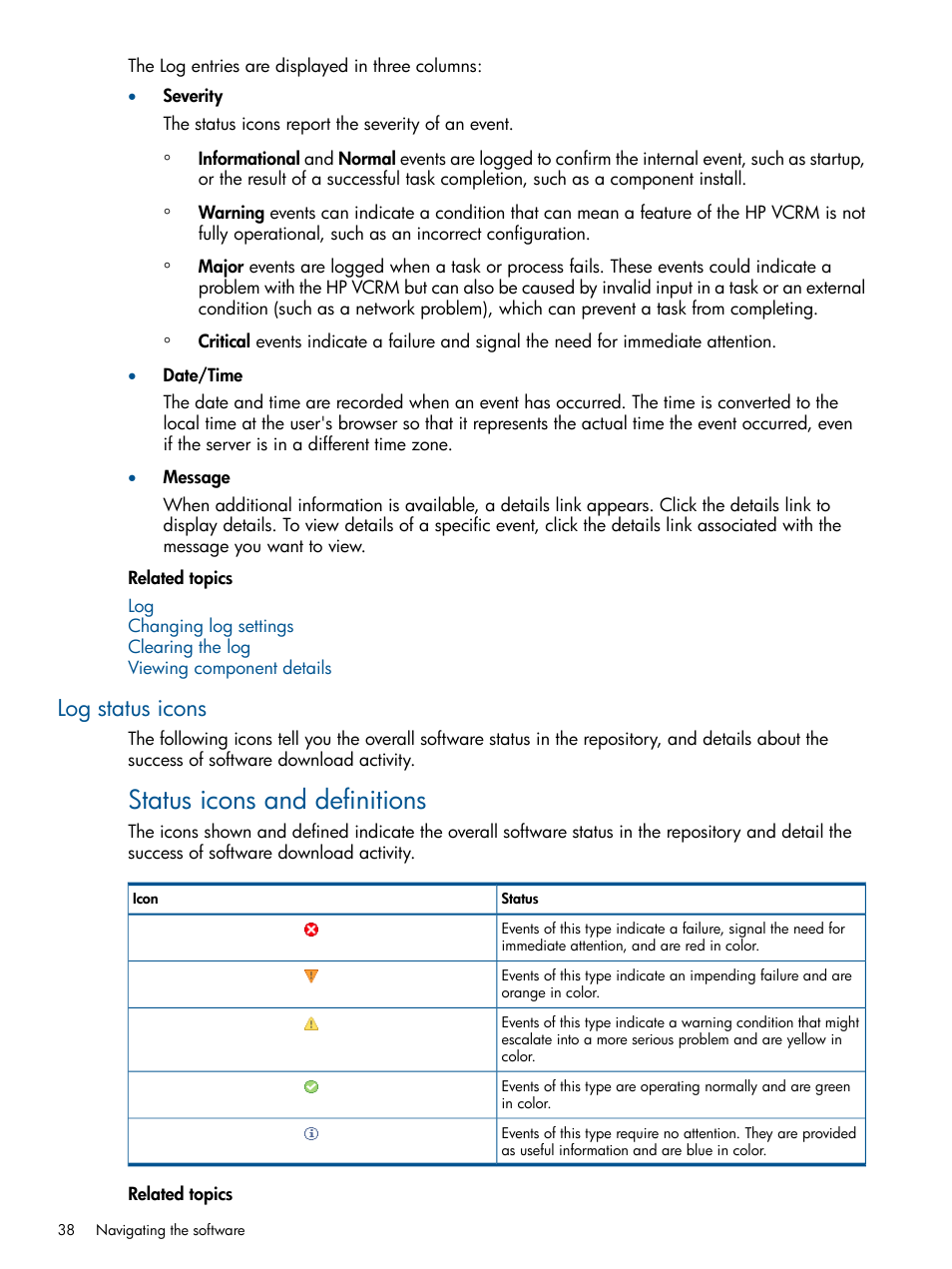 Log status icons, Status icons and definitions | HP Systems Insight Manager User Manual | Page 38 / 50