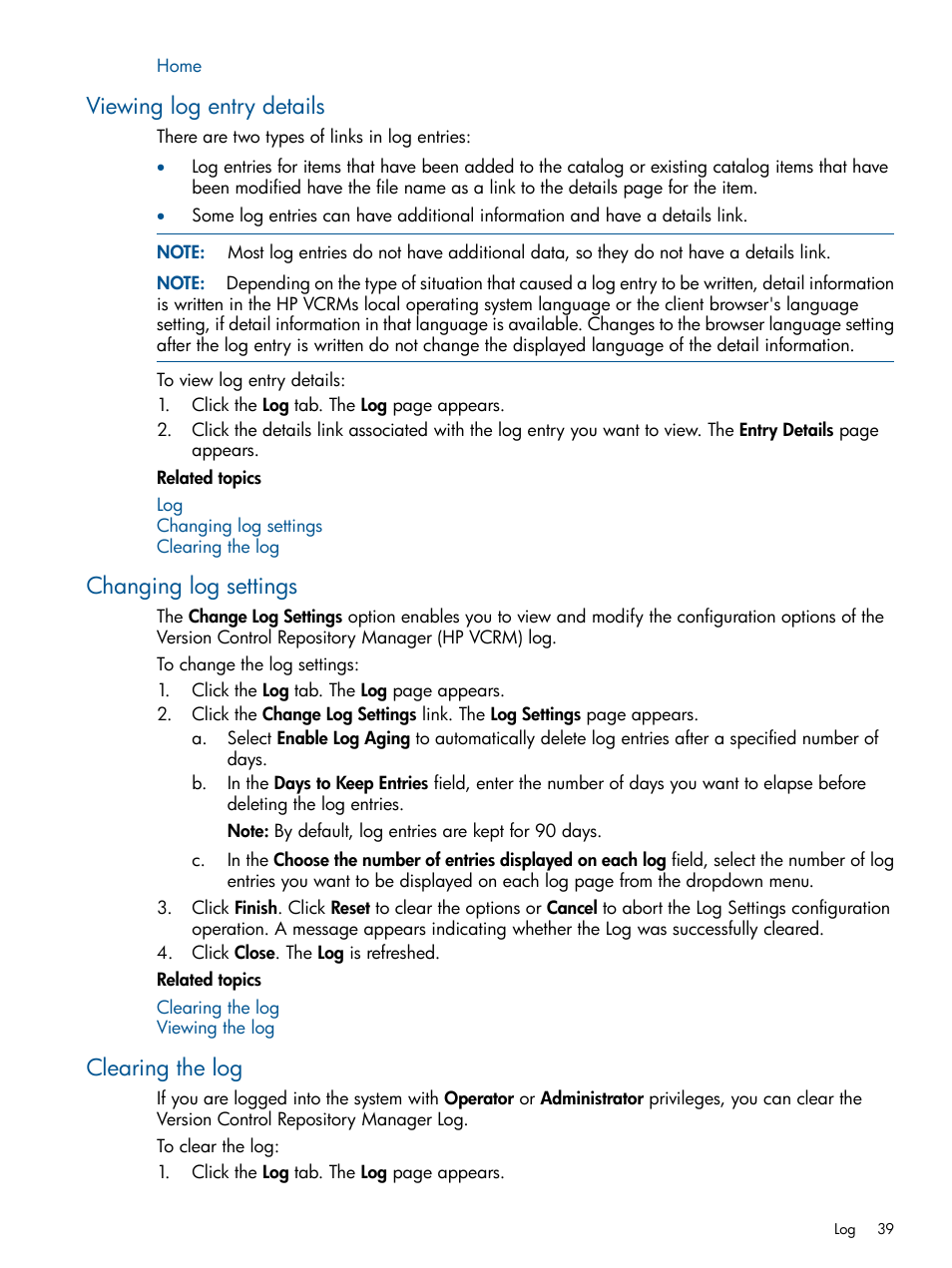 Viewing log entry details, Changing log settings, Clearing the log | Changing log settings clearing the log | HP Systems Insight Manager User Manual | Page 39 / 50