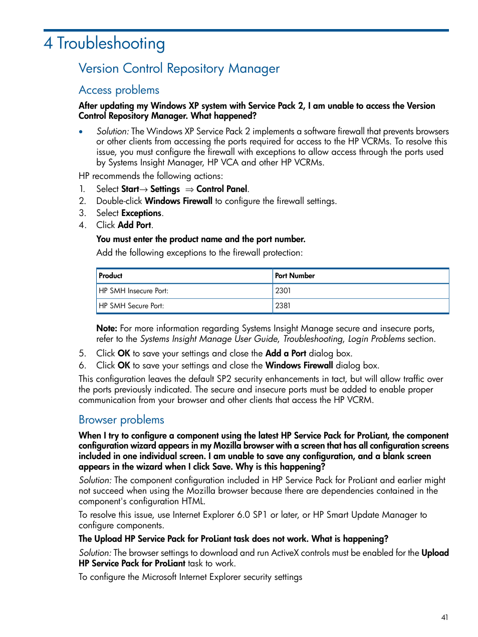 4 troubleshooting, Version control repository manager, Access problems | Browser problems | HP Systems Insight Manager User Manual | Page 41 / 50