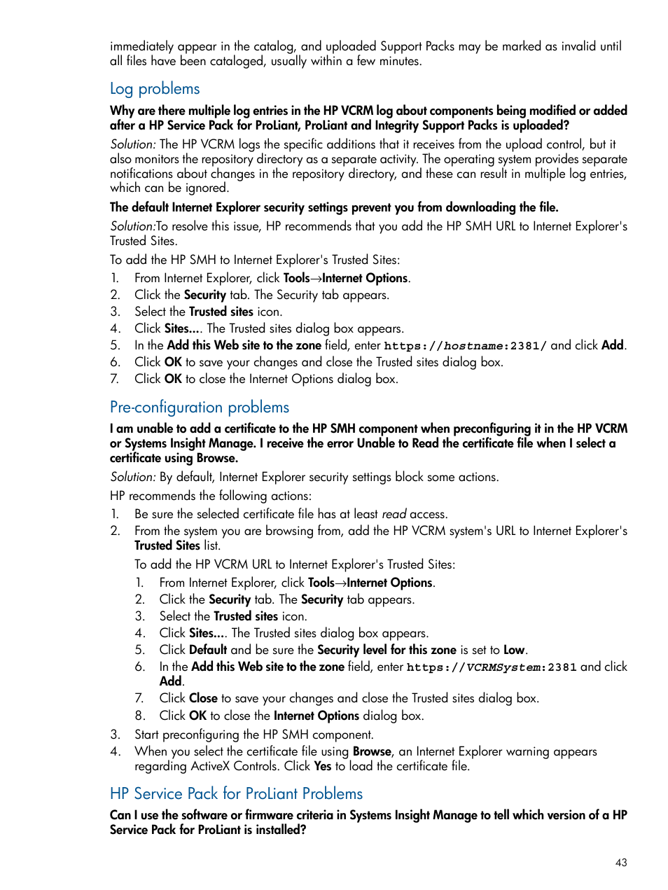 Log problems, Pre-configuration problems, Hp service pack for proliant problems | HP Systems Insight Manager User Manual | Page 43 / 50