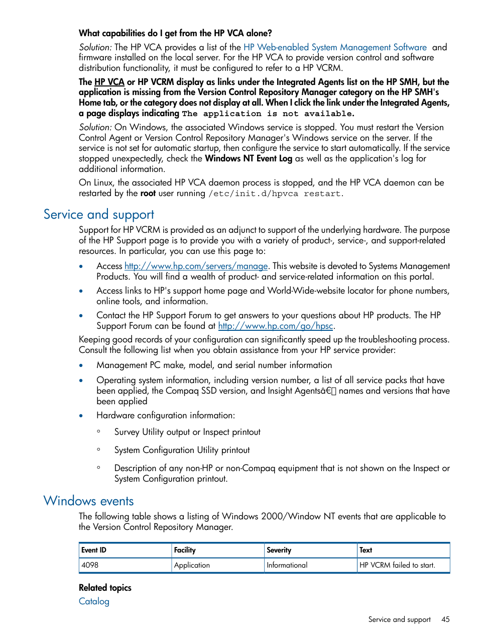 Service and support, Windows events, Service and support windows events | HP Systems Insight Manager User Manual | Page 45 / 50