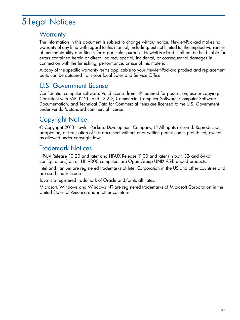 5 legal notices, Warranty, U.s. government license | Copyright notice, Trademark notices | HP Systems Insight Manager User Manual | Page 47 / 50