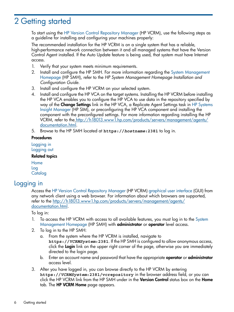 2 getting started, Logging in | HP Systems Insight Manager User Manual | Page 6 / 50